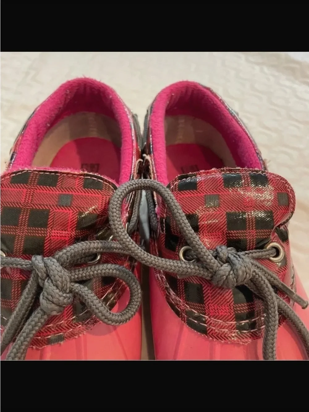 Sperry Kids Pink Waterproof Duck Boots - Plaid Trim 4y